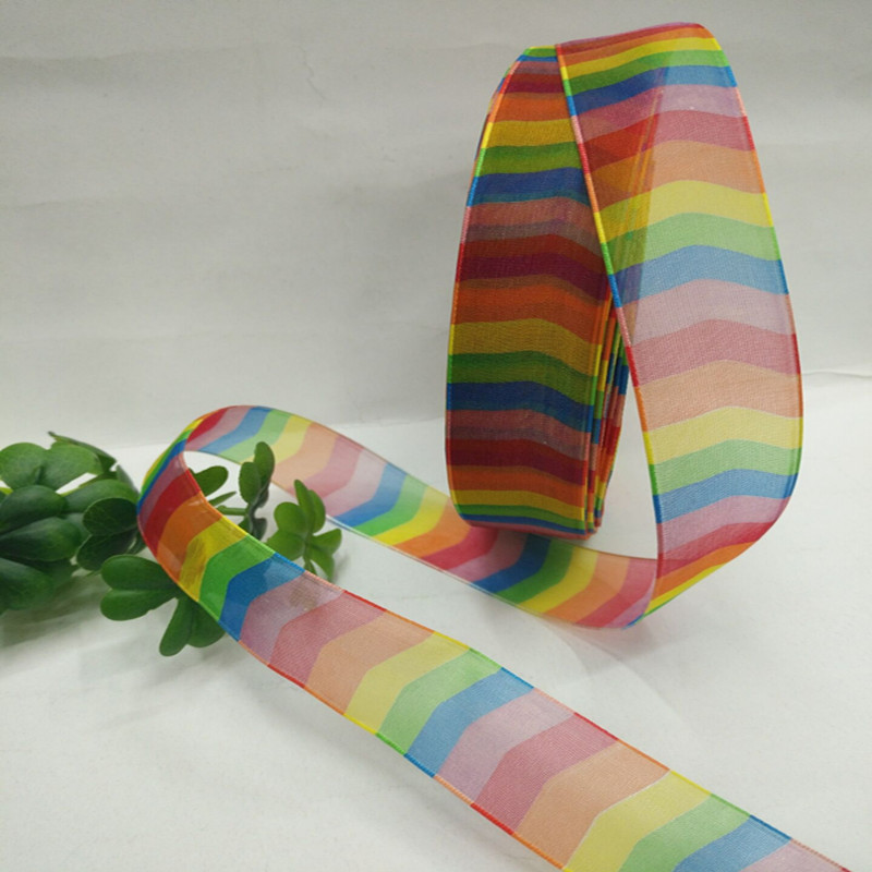 8 minutes 2.5 cm horizontal striped seven-color rainbow gauze ribbon hair accessory clothing bow gauze ribbon Specification image