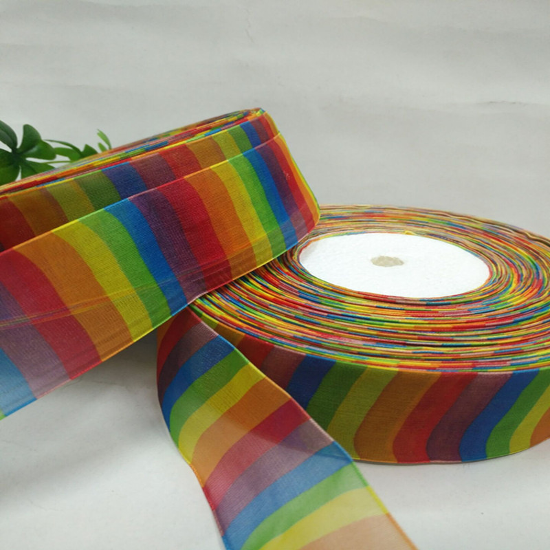 12 minutes 4 cm horizontal striped seven-color rainbow gauze ribbon hair accessory clothing bow accessory