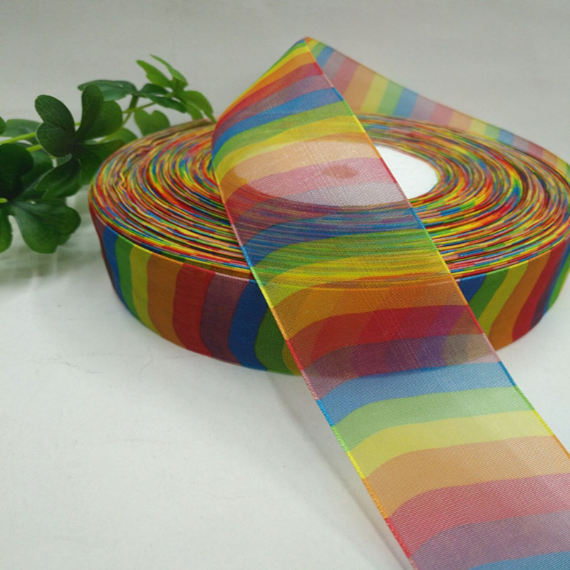 12 minutes 4 cm horizontal striped seven-color rainbow gauze ribbon hair accessory clothing bow accessory details Picture