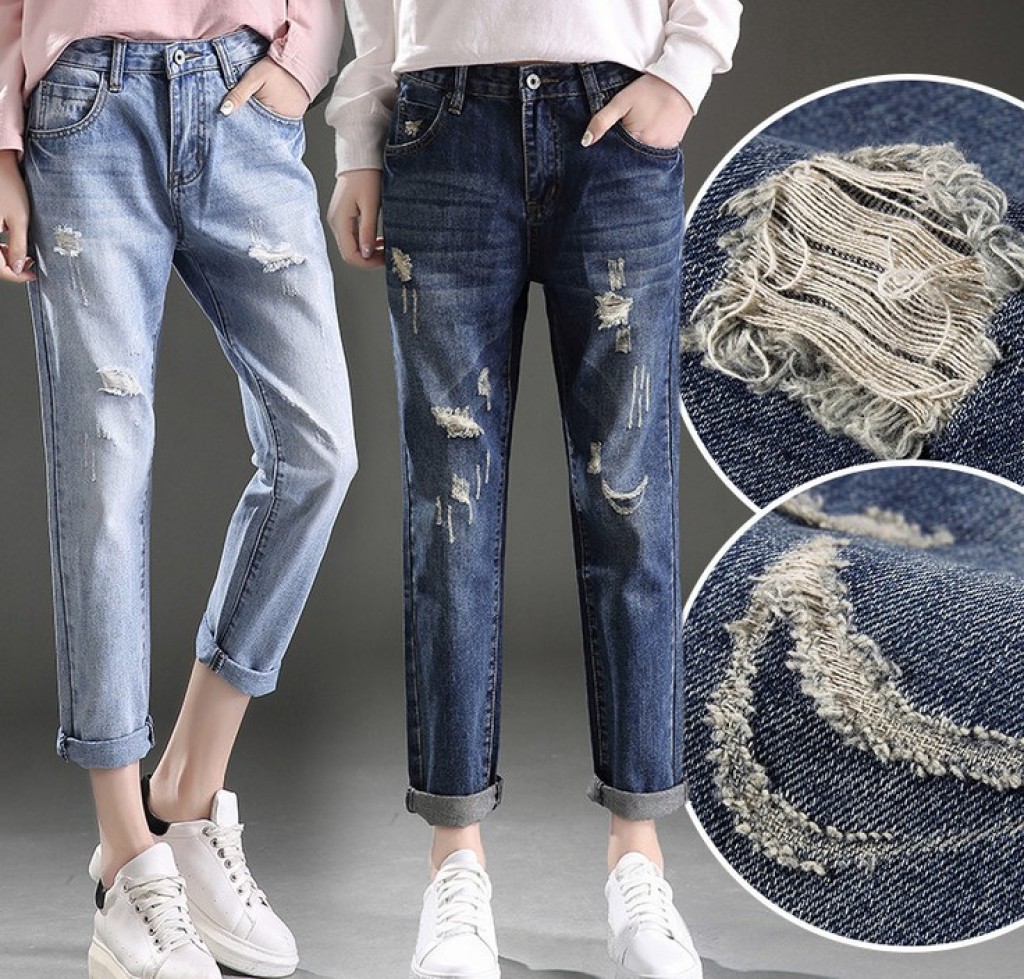 Ripped jeans, capri pants, loose straight-leg pants for women, light-colored bf beggar pants, spring and autumn pants