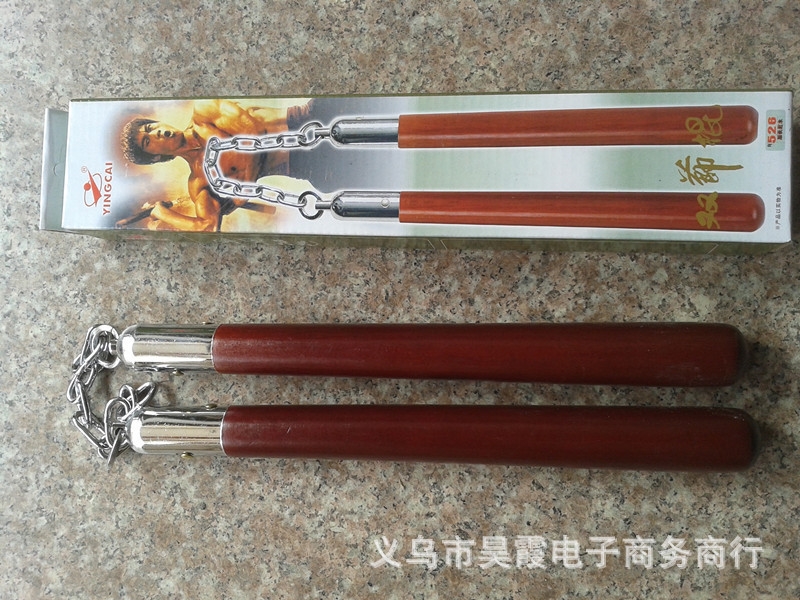 枣红色原木铁链双节棍 实战实木两截棍 李小龙红木两节棍