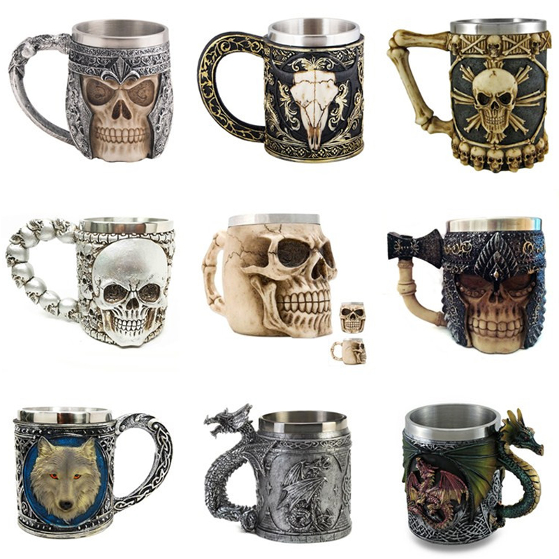 3D three-dimensional stainless steel skull cup Creative resin ghost head mug Halloween gift