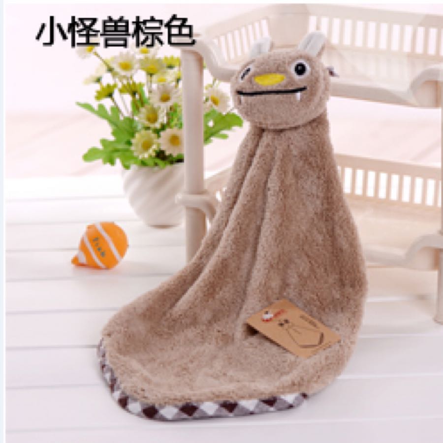 Coral fleece cute animal head hand towel, kitchen and bathroom little monster hanging towel details Picture