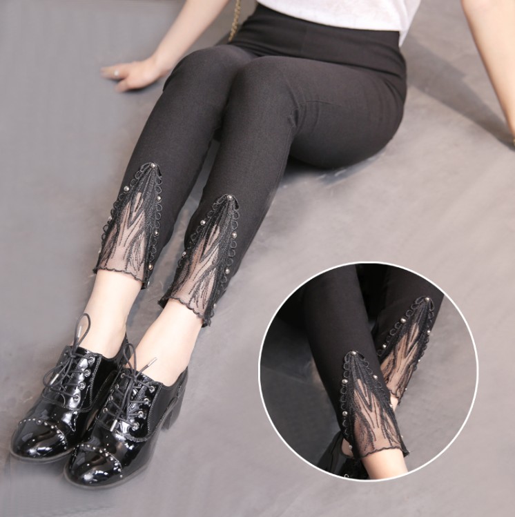 春款脚口开叉钉珠铅笔小脚裤百搭外穿九分黑色打底裤铆钉