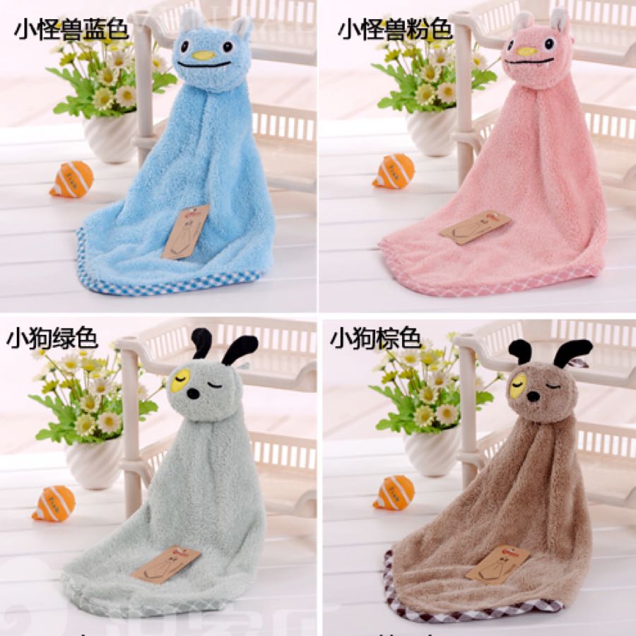 Coral fleece cute animal head hand towel, kitchen and bathroom little monster hanging towel Specification image