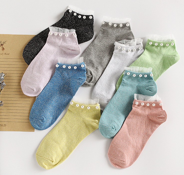 船袜珍珠女袜金丝银丝百搭蕾丝花边短筒全棉袜子