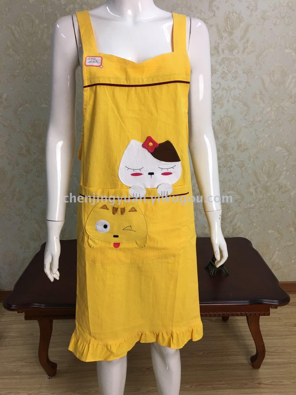 Cute cartoon lady apron, kitchen Korean-style all-cotton shoulder strap apron, kitten sleeveless apron