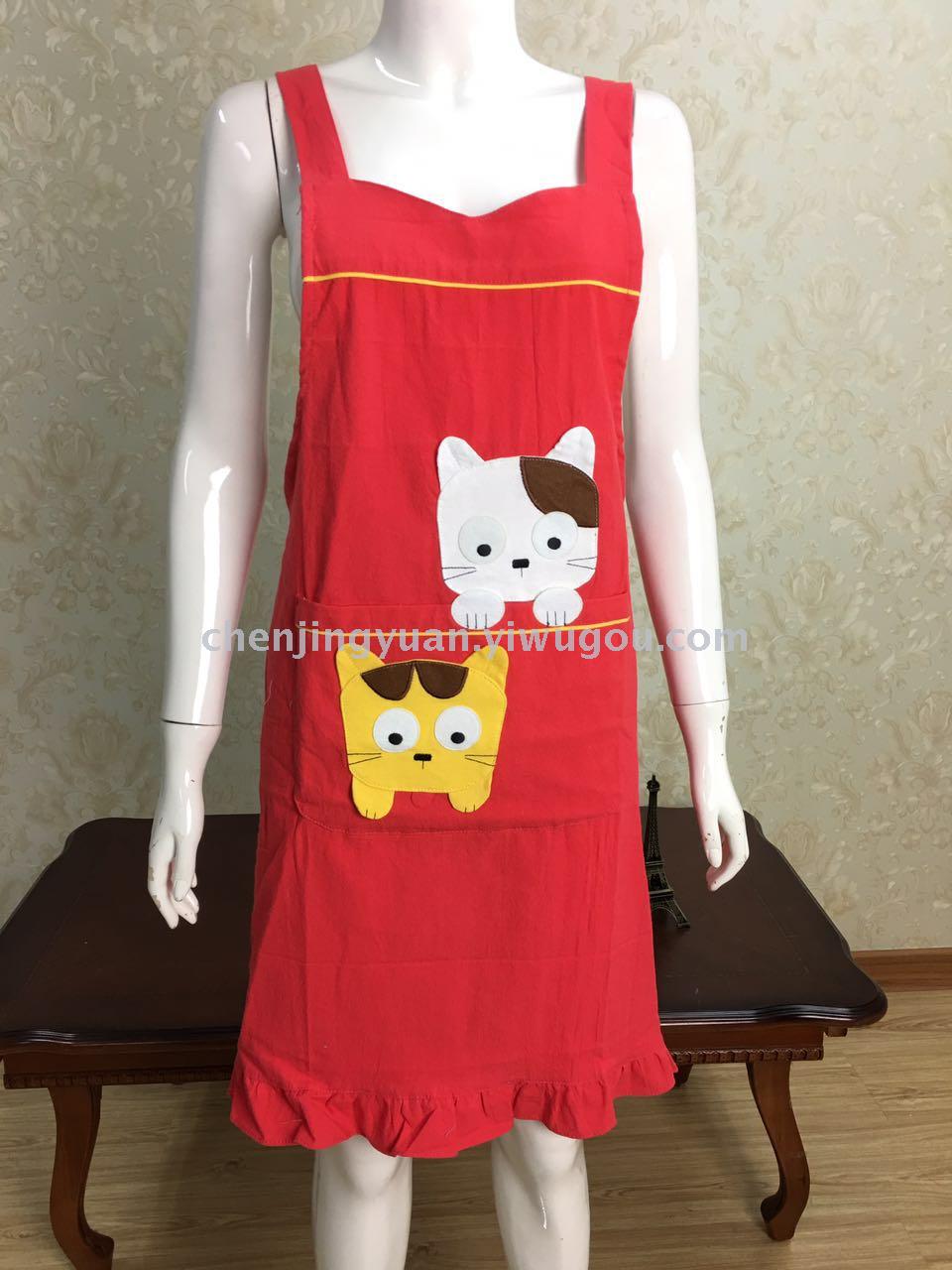Cute cartoon lady apron, kitchen Korean-style all-cotton shoulder strap apron, kitten sleeveless apron details Picture