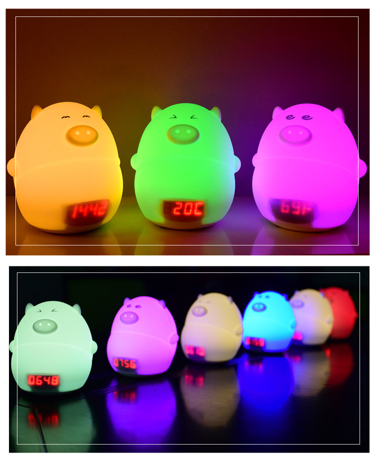 Yiwu good goods new LED silicone pig lamp creative USB charging alarm clock details Picture