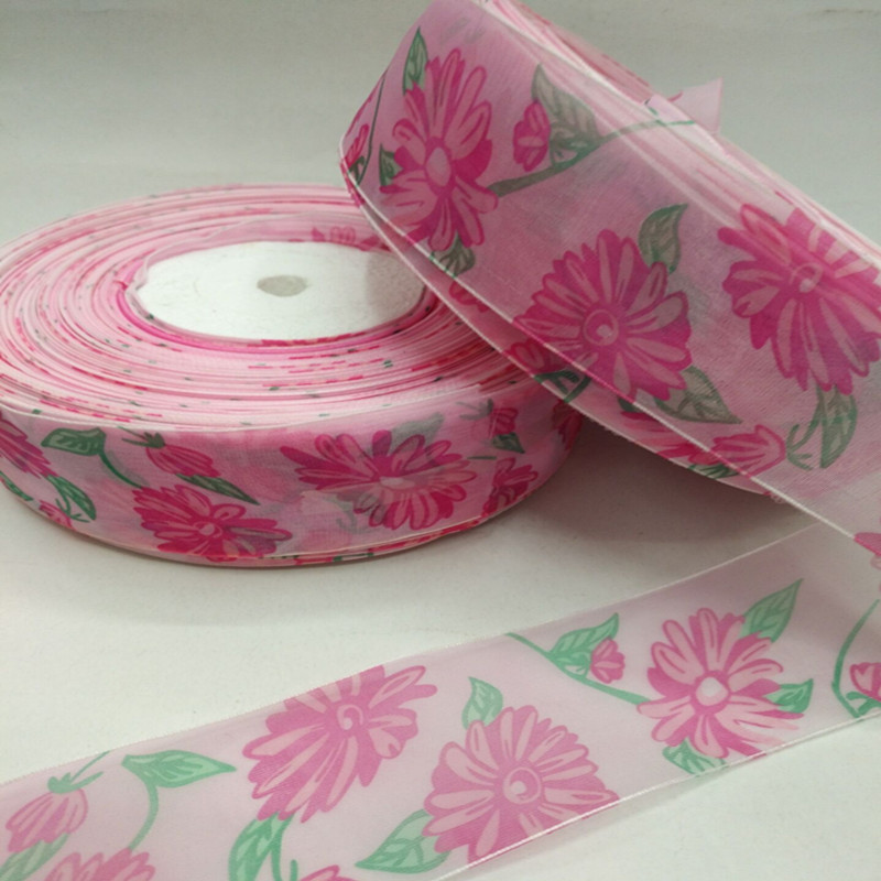 12 minutes 4 cm two-color lotus leaf printed gauze ribbon, clothing gift packaging ribbon accessory details Picture