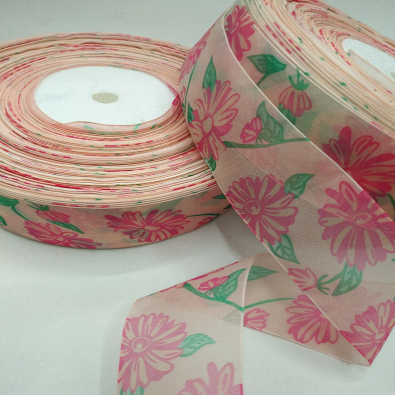 12 minutes 4 cm two-color lotus leaf printed gauze ribbon, clothing gift packaging ribbon accessory