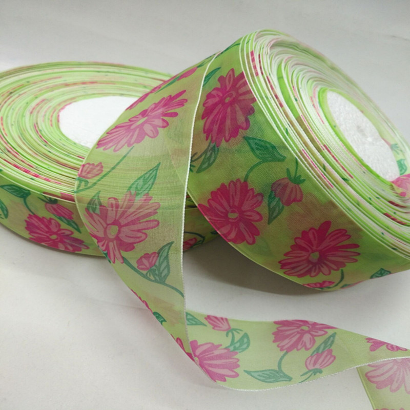 12 minutes 4 cm two-color lotus leaf printed gauze ribbon, clothing gift packaging ribbon accessory Specification image