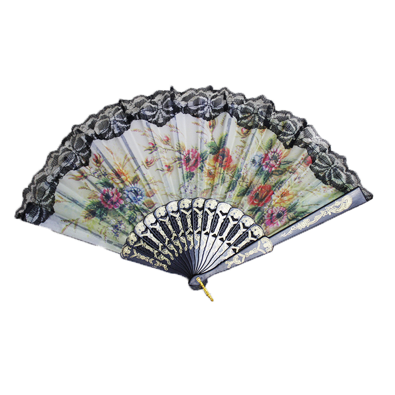 Black Pole Folding Fan Chinese Style Lace Lace Fan Gift Ancient Style Dance Small Fan Specification drawing