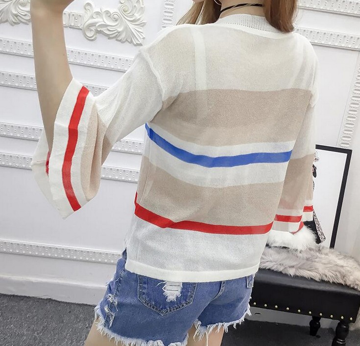 Korean-style striped thin cut-out see-through knitted sweater for women, half-sleeved loose large-sized flared sleeve top Application Scenario