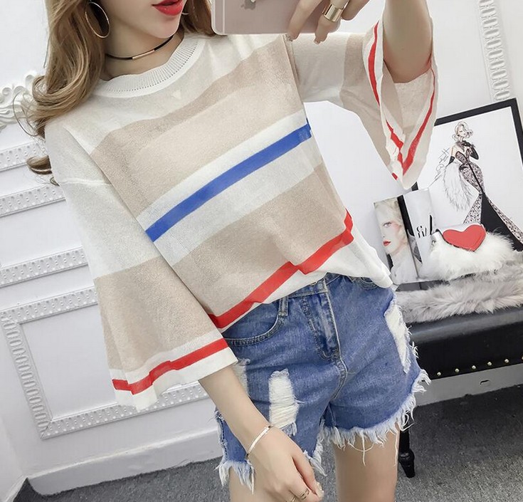 Korean-style striped thin cut-out see-through knitted sweater for women, half-sleeved loose large-sized flared sleeve top details Picture