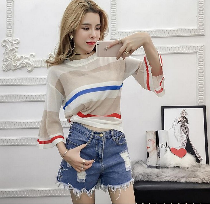 Korean-style striped thin cut-out see-through knitted sweater for women, half-sleeved loose large-sized flared sleeve top Specification image