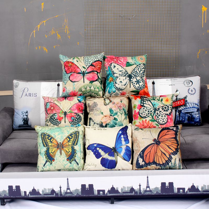 Custom-made cotton and linen American-style butterfly digital printed pillow covers for sofa cushions and throw pillows