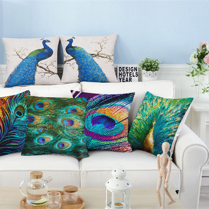 厂家直销孔雀沙发抱枕棉麻抱枕套床头靠枕午休枕抱枕套图