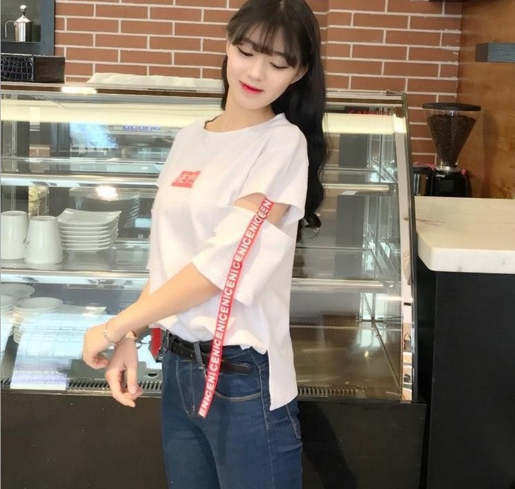 宽松显瘦织带字母印花破洞T恤女百搭上衣HEY中袖