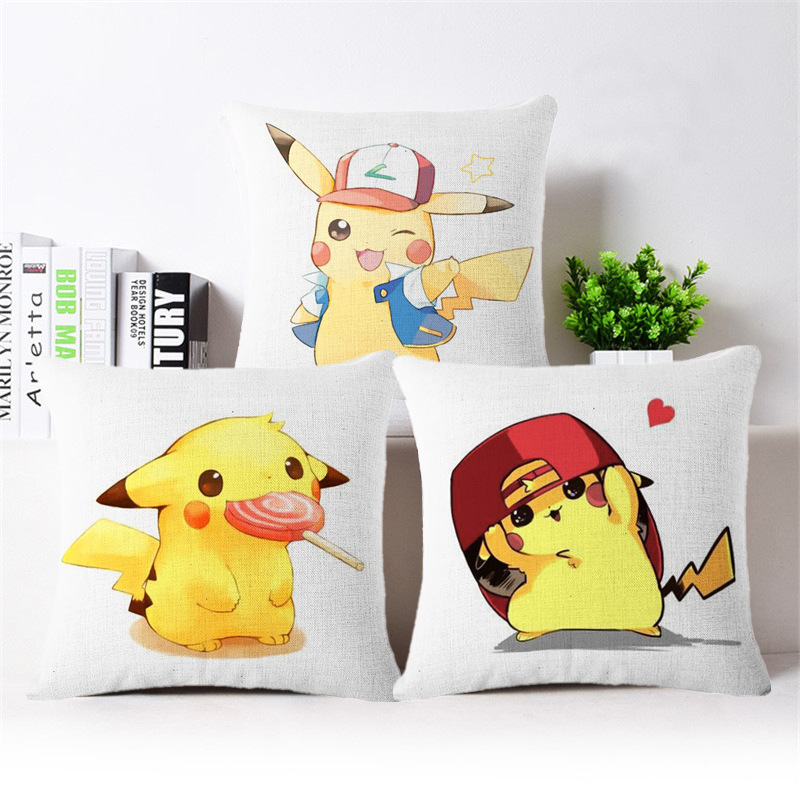 Customized cartoon printed Pikachu, cotton and linen printed sofa, car cushion and pillowcase from the manufacturer