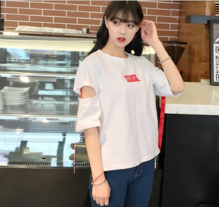 宽松显瘦织带字母印花破洞T恤女百搭上衣HEY中袖产品图