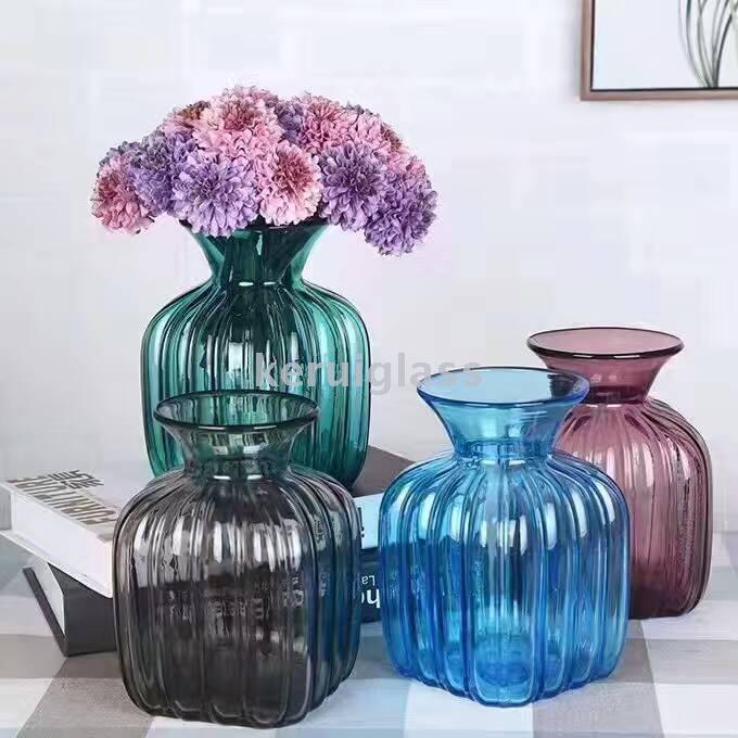 现代简约纯手工吹制喇叭方肚彩色玻璃花瓶百合玫瑰插花玻璃花瓶