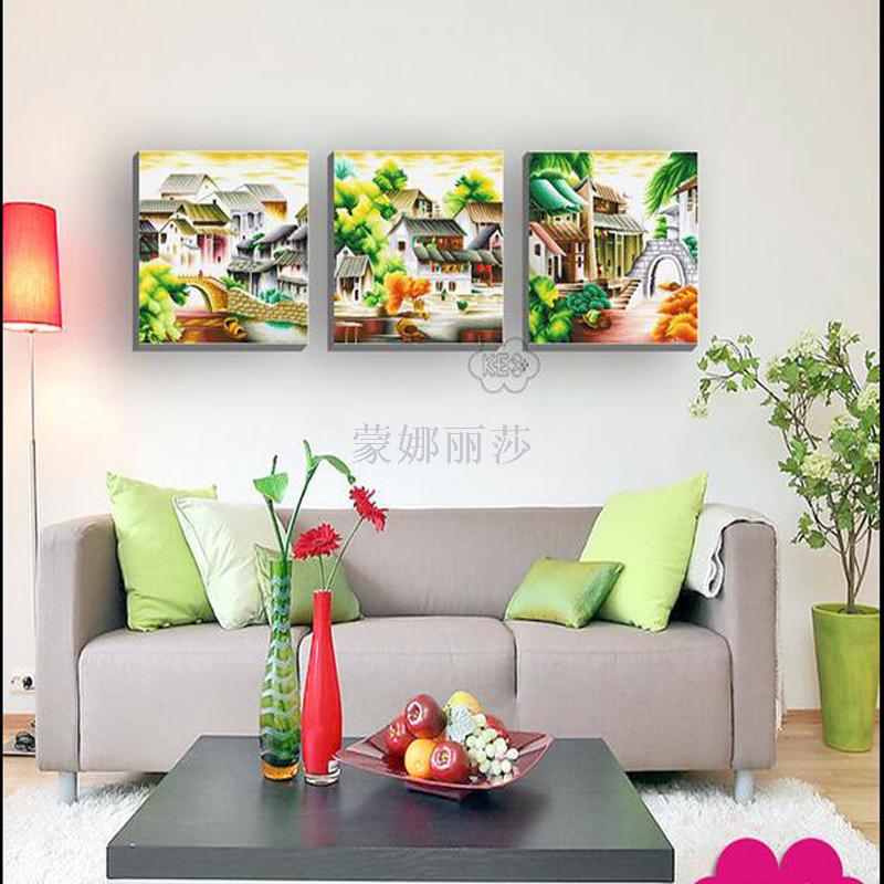 精准印花十字绣情系水乡新版三联画客厅最新挂画