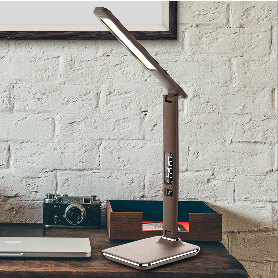 义乌好货 台灯仿皮纹台灯阅读台灯商务办公灯万年历闹钟温度计产品图