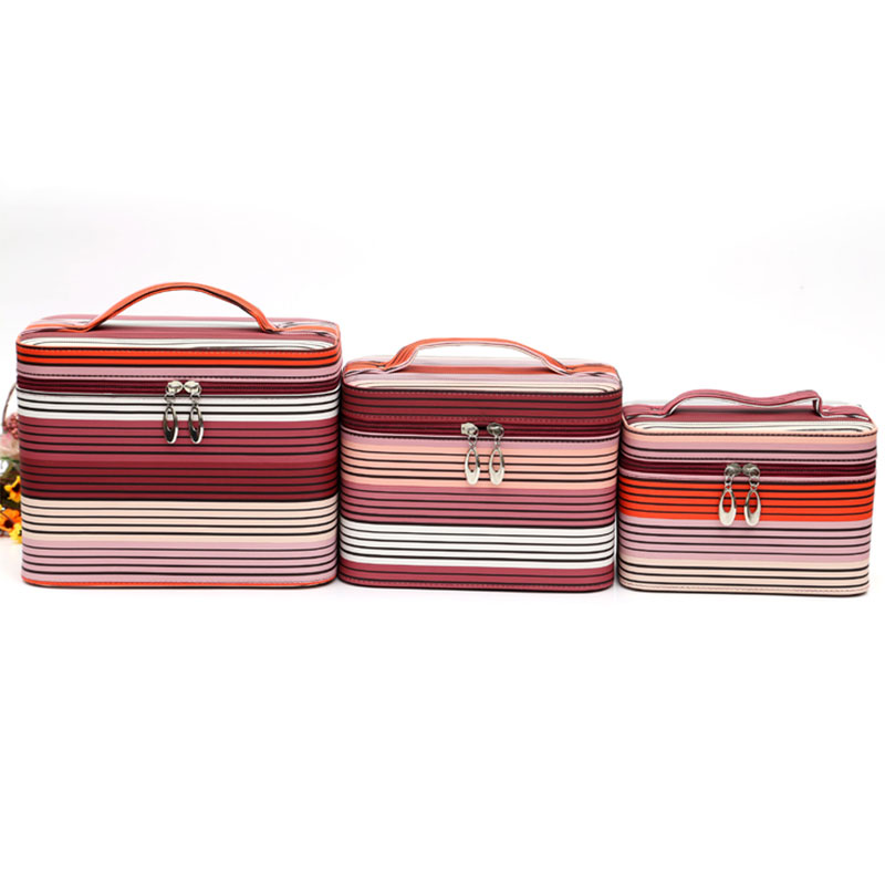 Korean-style striped cosmetics box, a set of three large, medium and small cosmetic boxes with colorful stripes details Picture