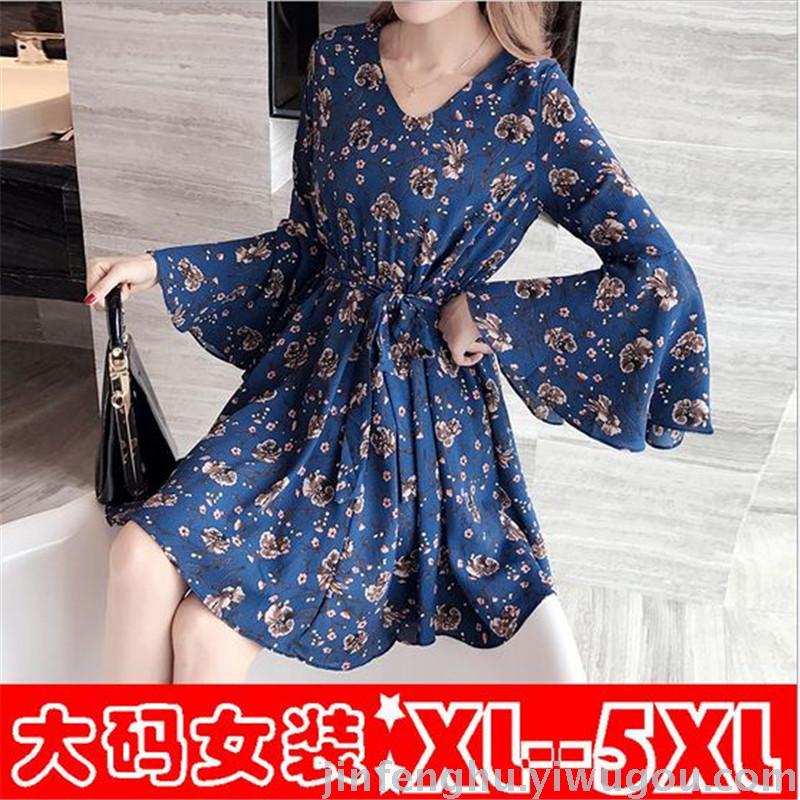 The New Korean Version Of Women's Slim-Fit Large Size V-Neck Nine-Point Sleeve Printed Chiffon Fat Mm Dress