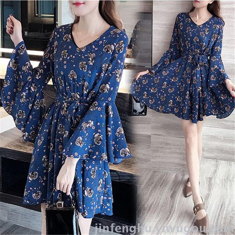 The New Korean Version Of Women's Slim-Fit Large Size V-Neck Nine-Point Sleeve Printed Chiffon Fat Mm Dress Application Scenario