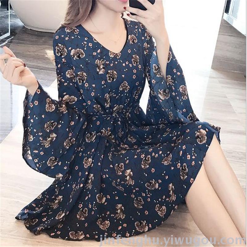 The New Korean Version Of Women's Slim-Fit Large Size V-Neck Nine-Point Sleeve Printed Chiffon Fat Mm Dress details Picture