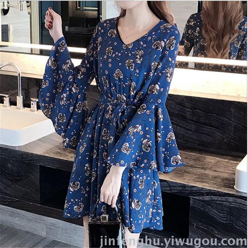 The New Korean Version Of Women's Slim-Fit Large Size V-Neck Nine-Point Sleeve Printed Chiffon Fat Mm Dress Specification drawing