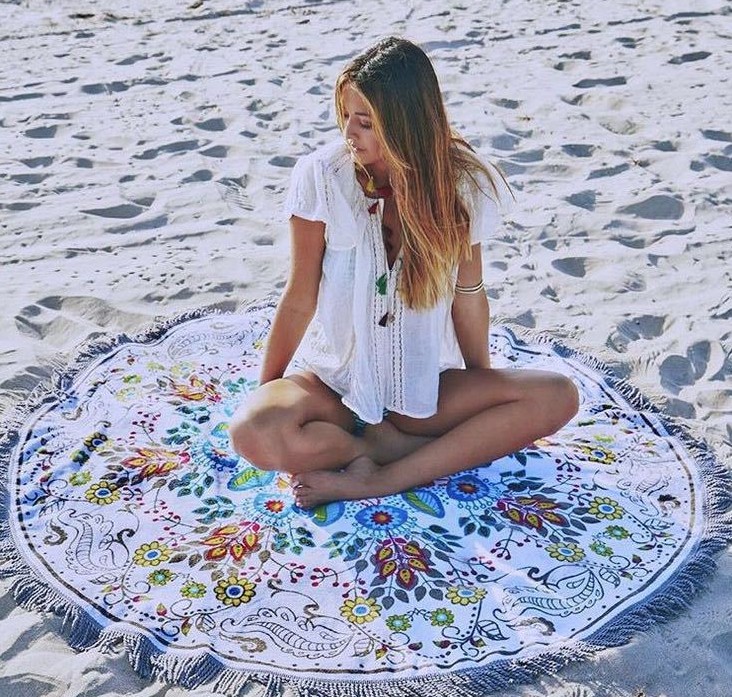 欧美活性印花圆形沙滩巾带须 防晒披肩围巾产品图