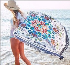 欧美活性印花圆形沙滩巾带须 防晒披肩围巾细节图