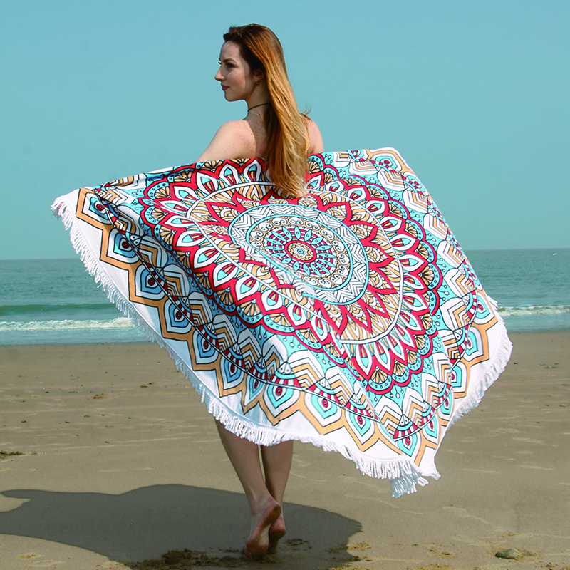New reactive printed microfiber round beach shawl with tassels, one-piece delivery shawl Application Scenario