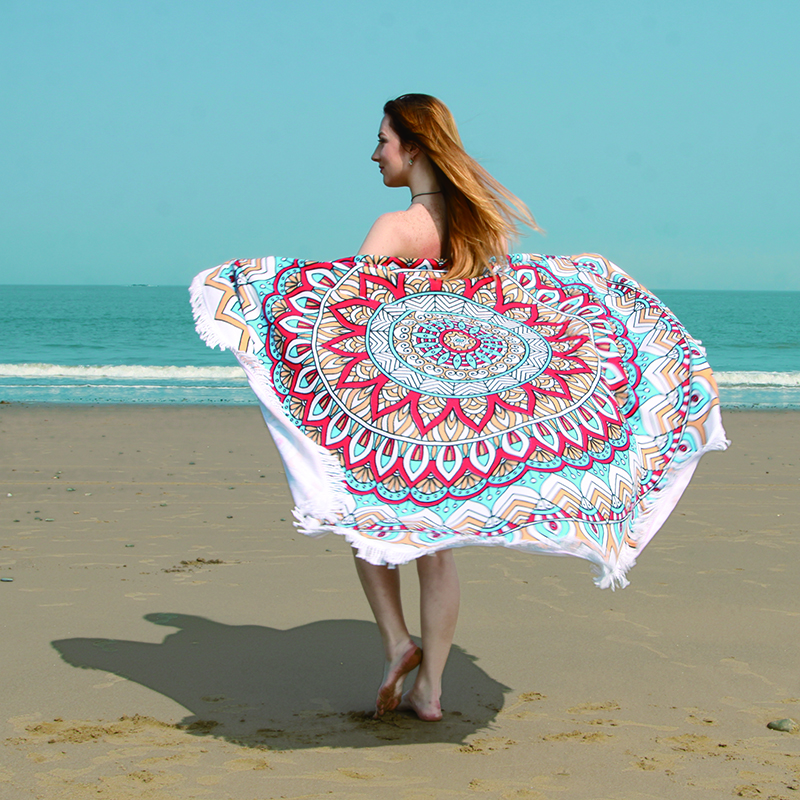 New reactive printed microfiber round beach shawl with tassels, one-piece delivery shawl