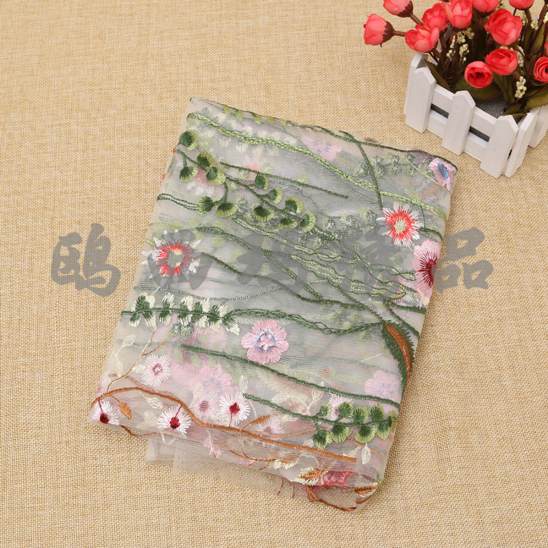 锦纶网纱绣花面料水草花布料 黑白现货