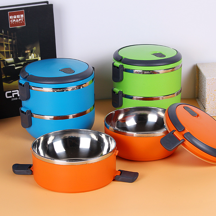 Stainless steel double-layer heat-insulating bowl, round lunch box, two-layer portable lunch box, student lunch box