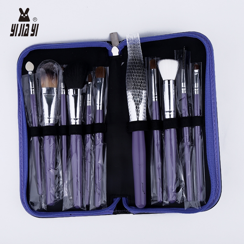 Wholesale of 11 high-end purple zipper leather case makeup brushes, yellow Wolf tail nylon bristle makeup case brushes Specification image