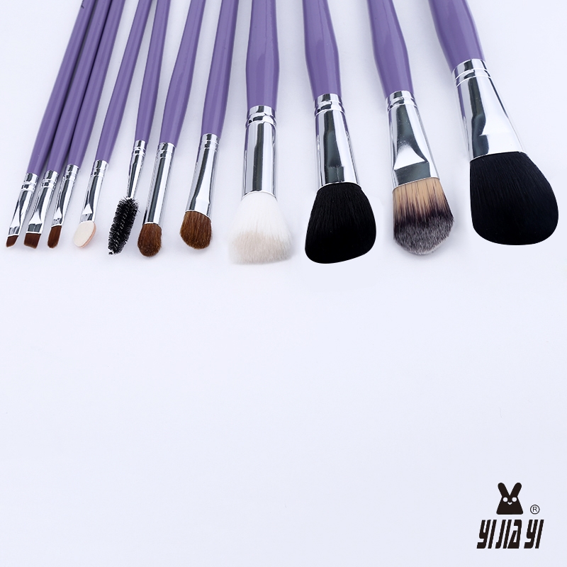 Wholesale of 11 high-end purple zipper leather case makeup brushes, yellow Wolf tail nylon bristle makeup case brushes details Picture