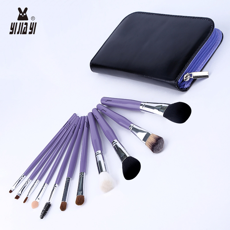 Wholesale of 11 high-end purple zipper leather case makeup brushes, yellow Wolf tail nylon bristle makeup case brushes