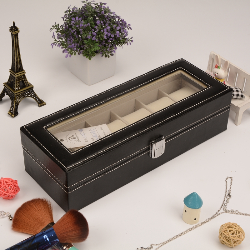 Crown hot style black planar pattern watch box full skylight six seat watch storage display box