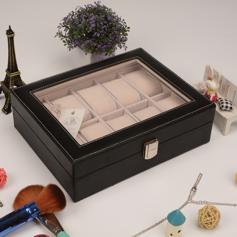 Guan Yu black full PU watch box full skylight large capacity display box professional customization