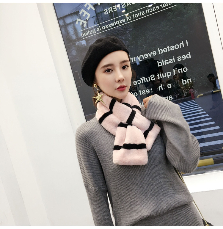 Faux Fur Plush Scarf Men's And Women's Striped Thick Warm Cross Neck details Picture
