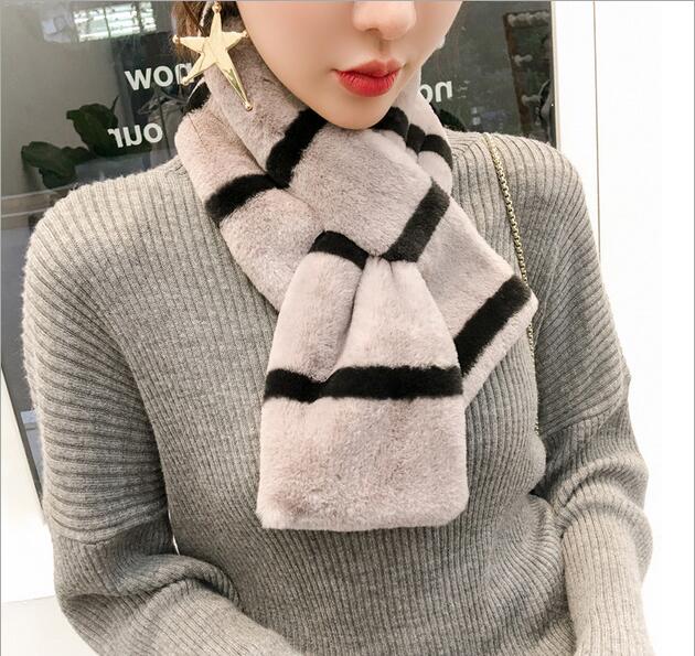 Faux Fur Plush Scarf Men's And Women's Striped Thick Warm Cross Neck Application Scenario