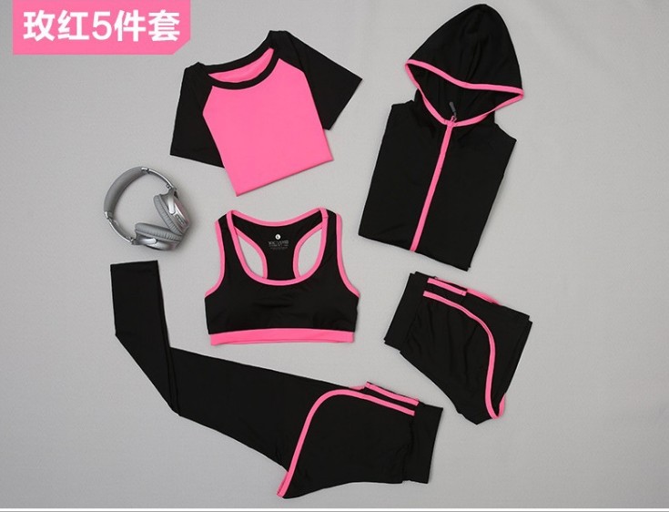 瑜伽服女速干内衣健身服五件套 文胸长裤跑步运动套装细节图