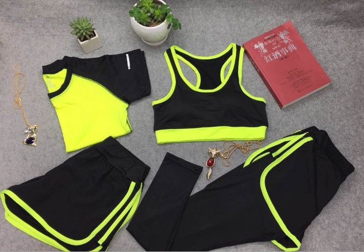 瑜伽服四件套女士速干跑步短袖假两件长裤运动套装