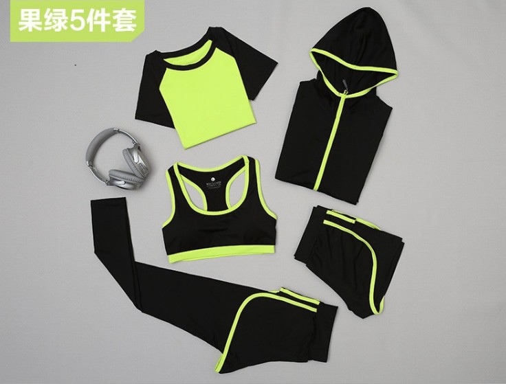 瑜伽服女速干内衣健身服五件套 文胸长裤跑步运动套装产品图