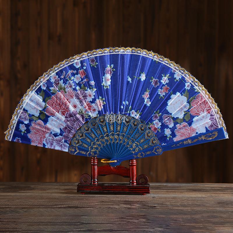 厂家直销烫金彩杆小花边花边绸缎印花舞蹈扇女士扇子礼品扇定制细节图